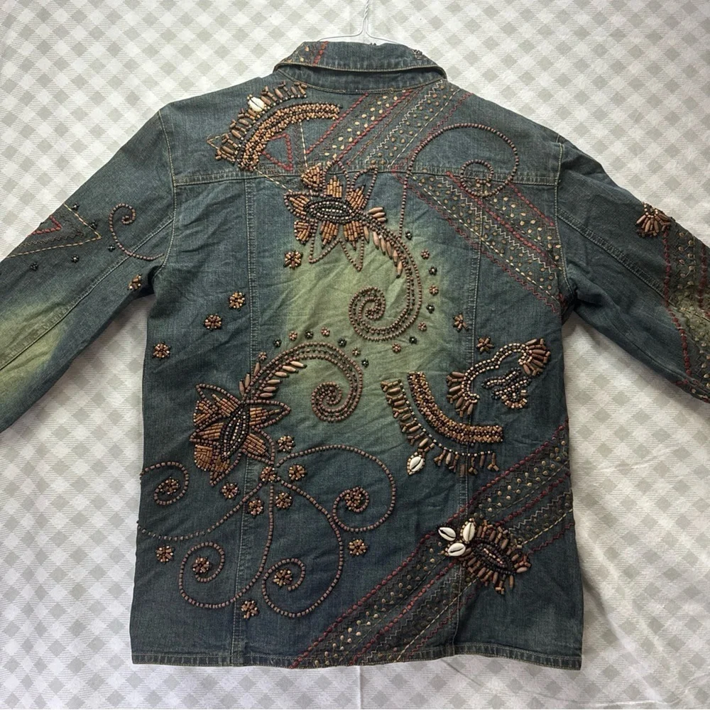 Vintage Chicos Design Blue Denim Jean Jacket Beading Embroidery Sz 1